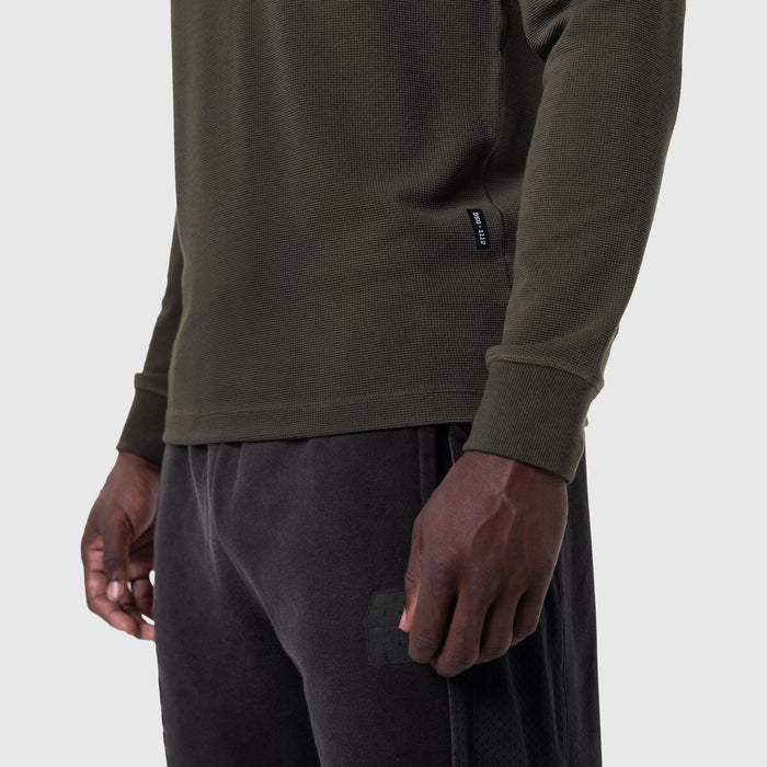 Waffle knit longsleeve in olive worn by model, side view