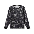 Flatlay of waffle knit longsleeve in black and white pixel camo pattern, front view