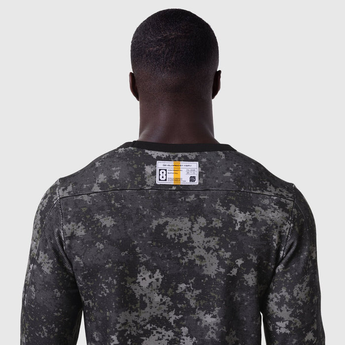 Waffle knit longsleeve in pixel camo, back view on model