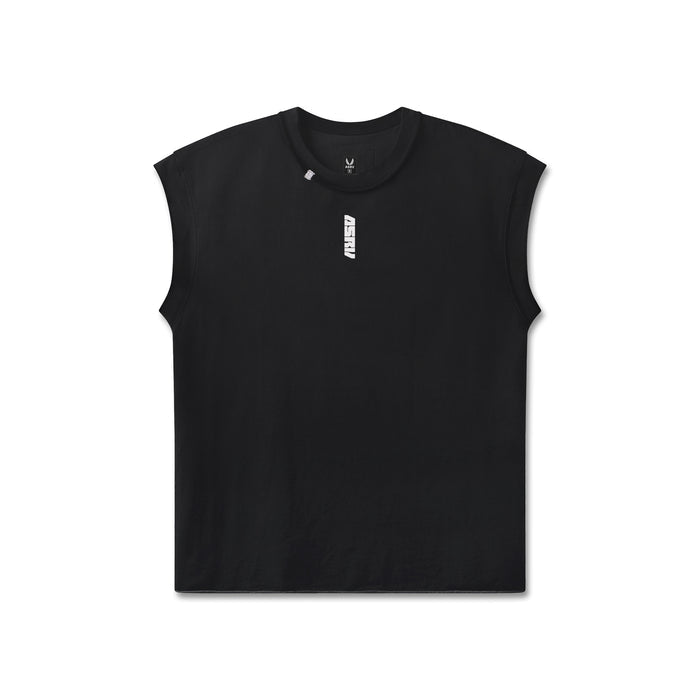 flatlay of black Tech Essential Cap Shoulder Cutoff sleeveless shirt, front view