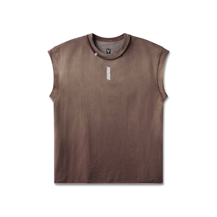 flatlay Tech Essential Cap Shoulder Cutoff sleeveless tee in dark earth sun fade, front view