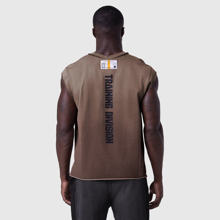 Tech Essential Cap Shoulder Cutoff tank in dark earth, back view on model