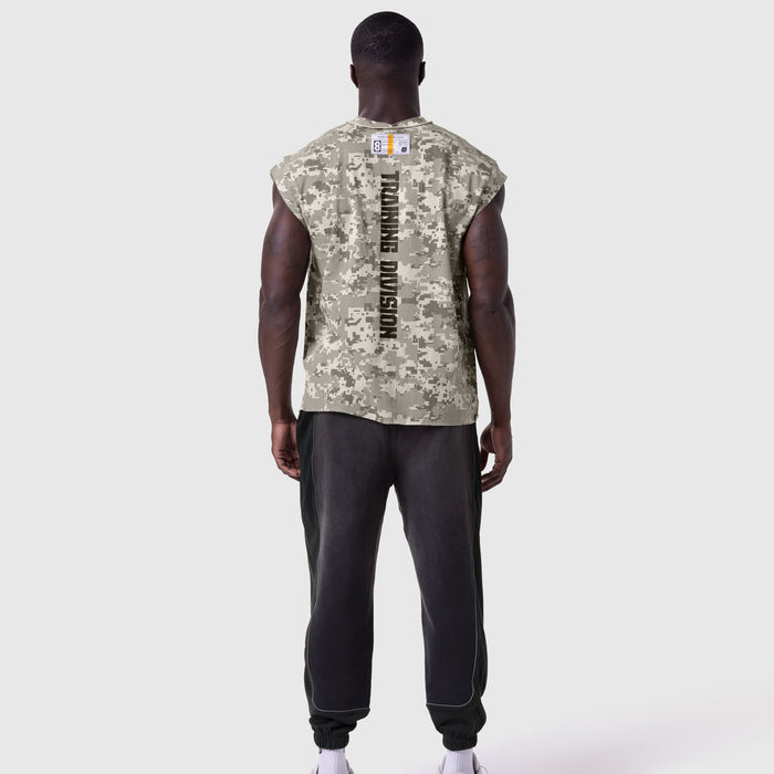 Tech Essential Cap Shoulder Cutoff in digital camo, model back view wearing with black joggers