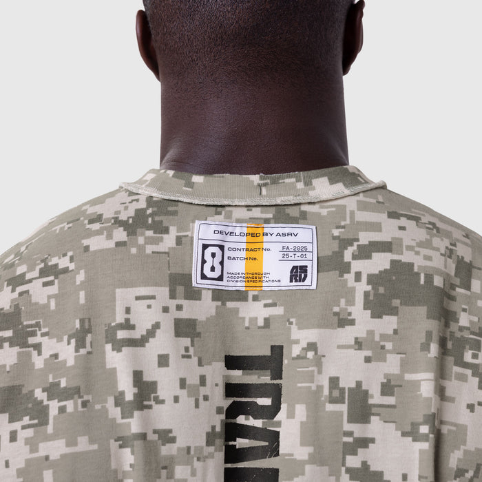 Tech Essential Cap Shoulder Cutoff in digital camo, back view on model showing label detail