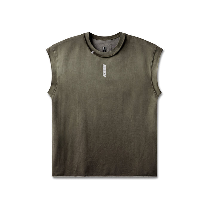 flatlay Tech Essential Cap Shoulder Cutoff sleeveless tank in olive sun fade, front view