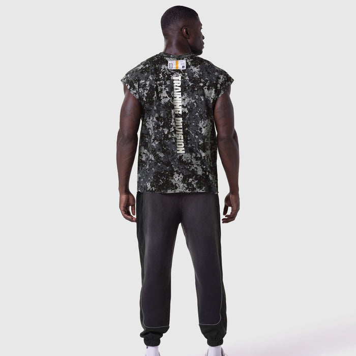 Tech Essential Cap Shoulder Cutoff in Pixel Camo worn by model, back view