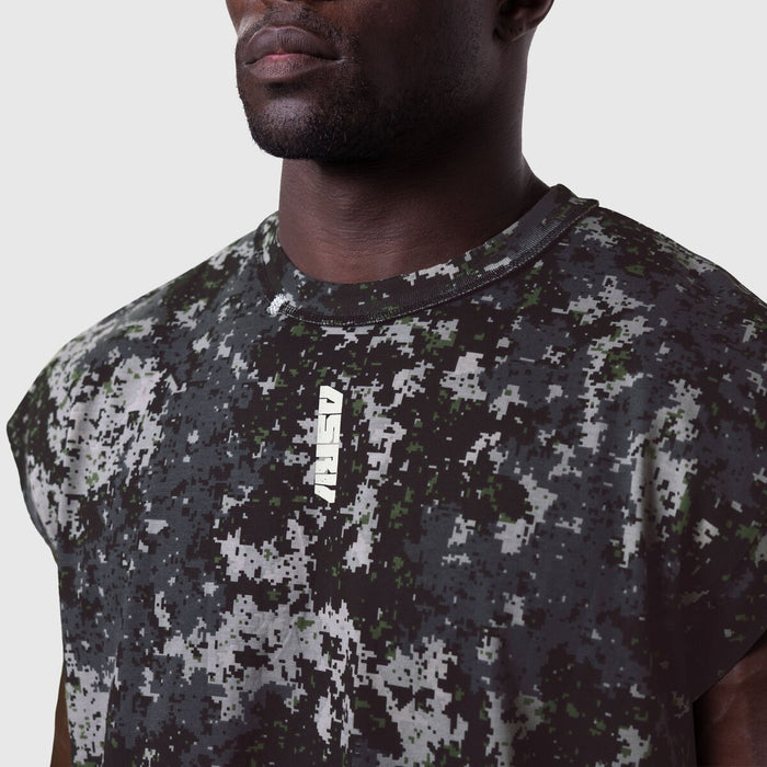 Tech Essential Cap Shoulder Cutoff in Pixel Camo worn by model, front view