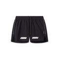 flatlay of black Aerotex Distance shorts with white ASRV logo, front view