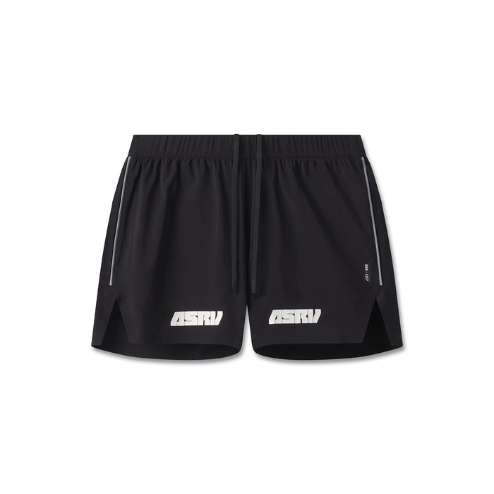 flatlay of black Aerotex Distance shorts with white ASRV logo, front view