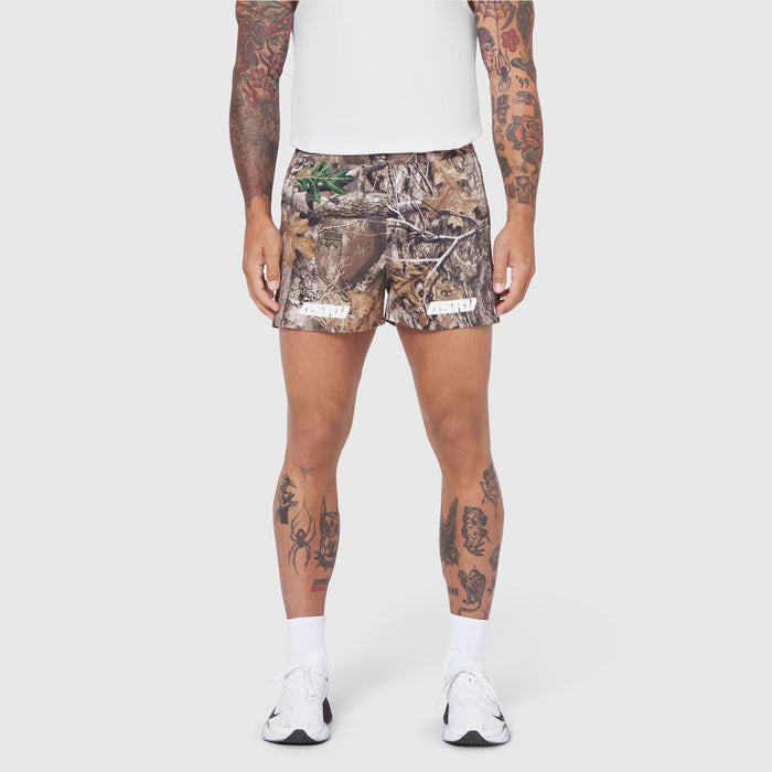 Aerotex Distance Short in Realtree Edge camo, front view on model