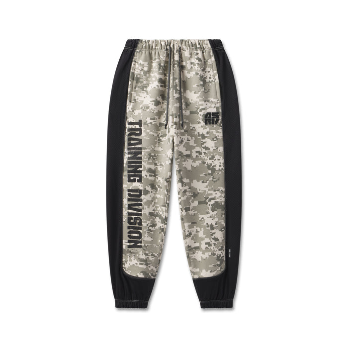 flatlay Tech-Terry Mesh Panel Sweats in digital camo with black panels, front view