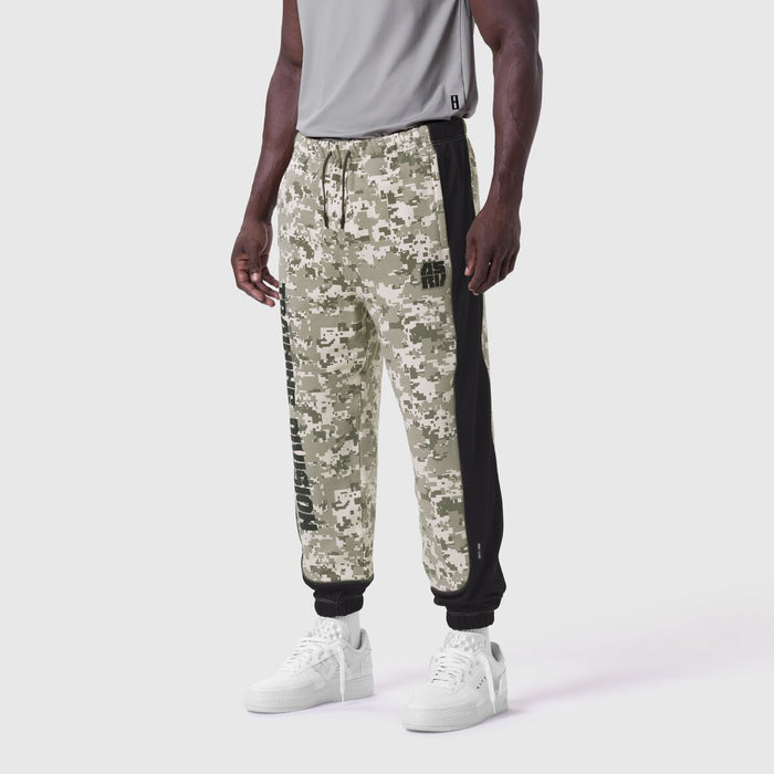 Tech-Terry Mesh Panel Sweats in digital camo, worn by model, front view