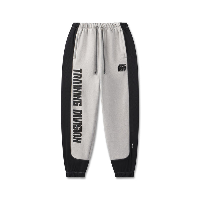 flatlay Tech-Terry Mesh Panel Sweats in heather grey and black, front view