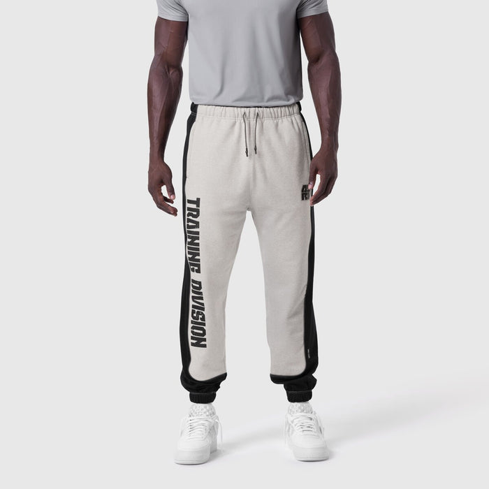 Tech-Terry Mesh Panel Sweats in heather grey with black panels, worn by model, front view