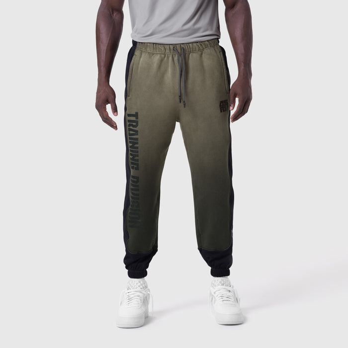 Tech-Terry Mesh Panel Sweats in olive with black panels, worn by model, front view