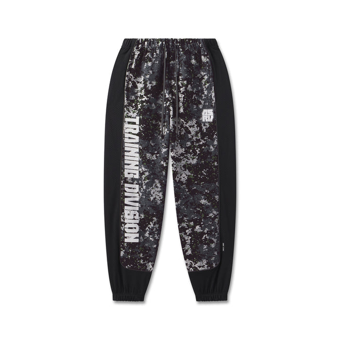 flatlay Tech-Terry Mesh Panel Sweats in black pixel camo, front view