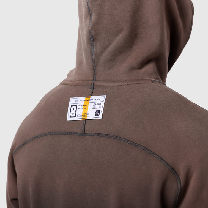 Tech-Terry Training Hoodie in dark earth worn by model, back view showing label detail