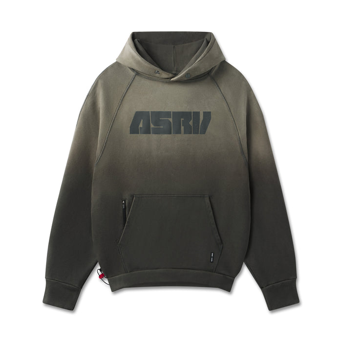 Flatlay of ASRV Tech-Terry Training Hoodie in olive sun fade, front view on display