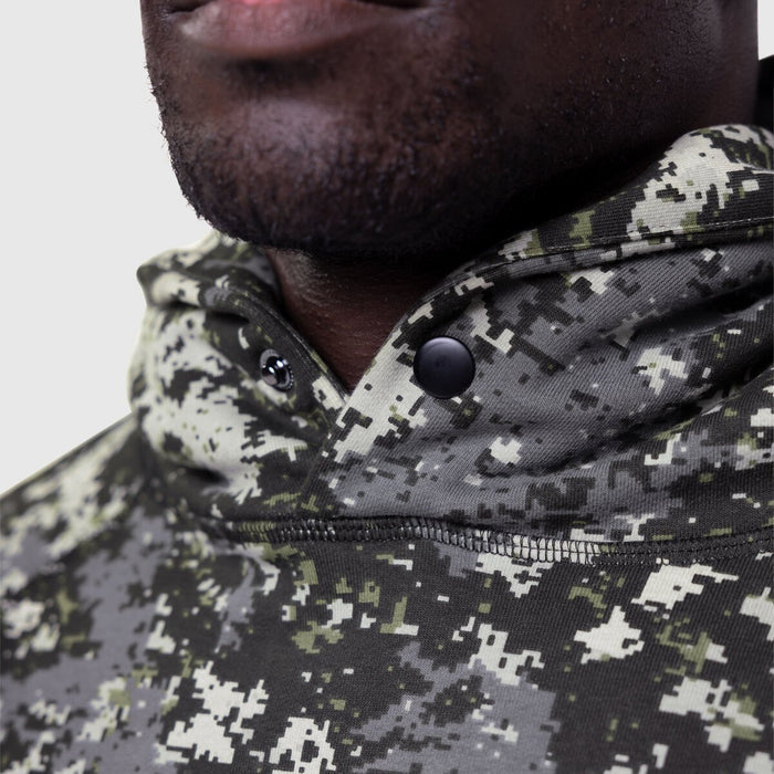 Tech-Terry Training Hoodie in Pixel Camo Blade worn by model, shoulder detail view