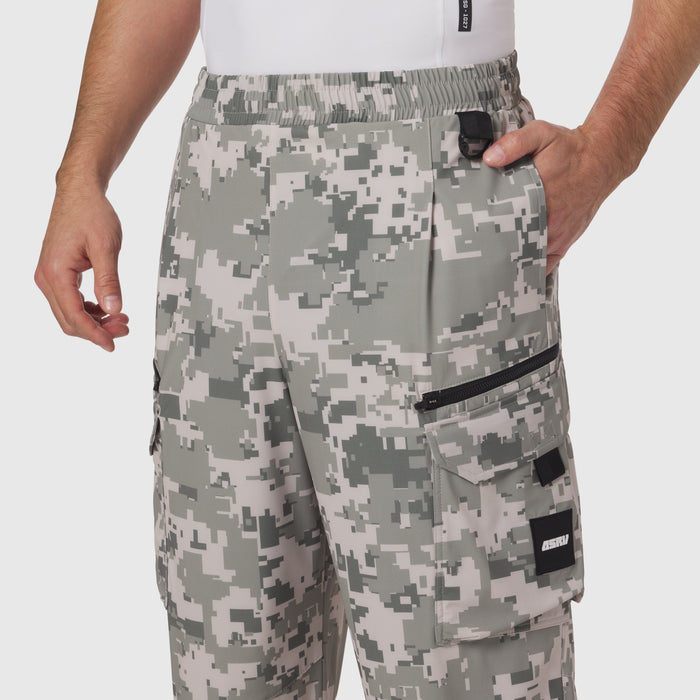 Tetra-Lite Cargo City Pant in digital camo worn by model, waist detail view
