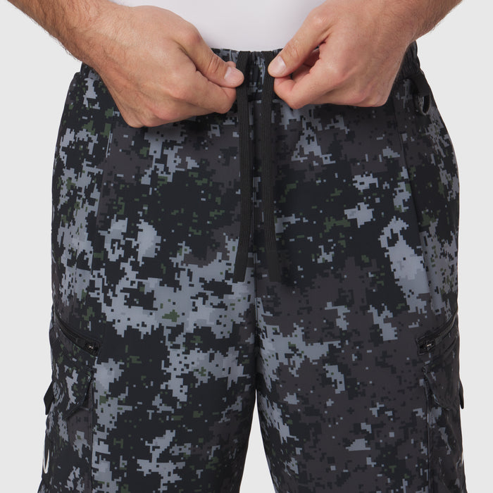 Tetra-Lite® Cargo City Pant in Pixel Camo being worn, front zip detail view
