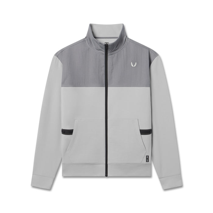 Flatlay of Dri-Core Sidelock Full Zip jacket in slate grey, front view
