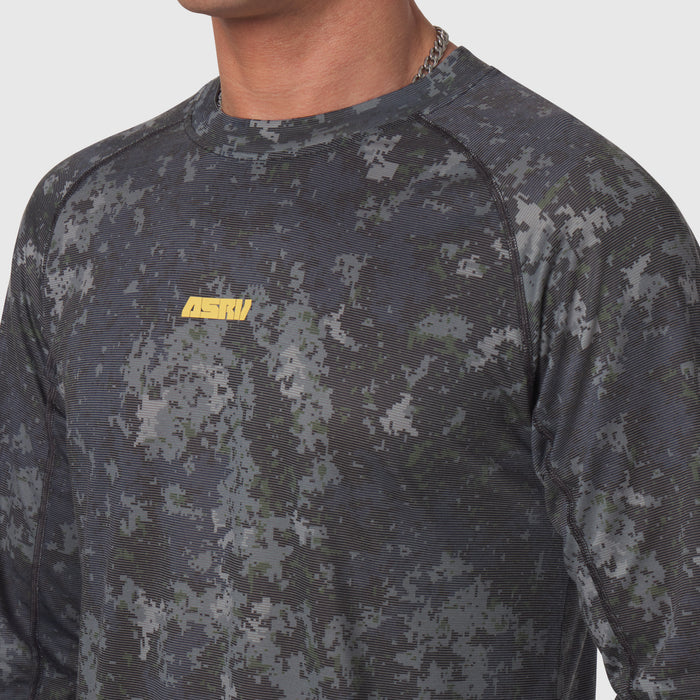 Polartec® Delta Longsleeve in pixel camo gray, worn by model, chest detail