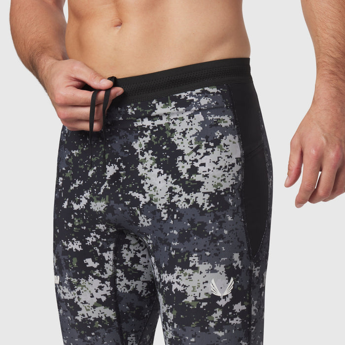 Lycra® Ribbed Running Tight in pixel camo pattern, worn by model, front view