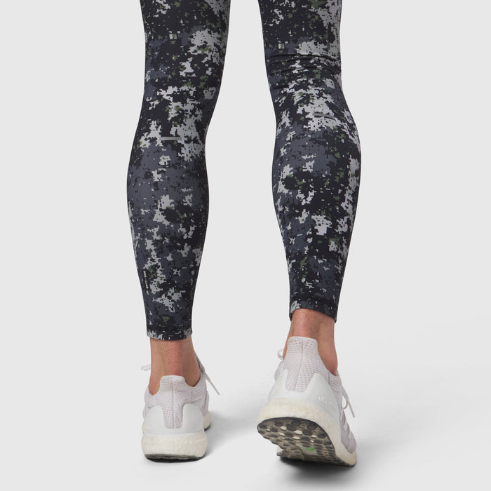 Lycra Ribbed Running Tights in black pixel camo, worn with white sneakers, back view