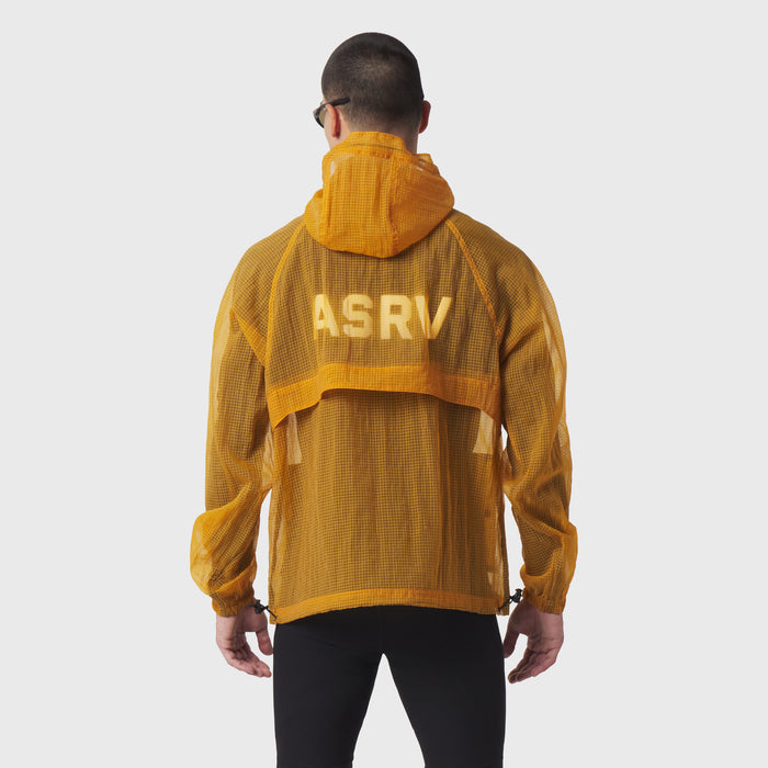 Weather-Ready Transparent Ripstop Shell Jacket in amber, back view on model