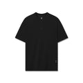 Black short-sleeve t-shirt on dress form, front view flatlay