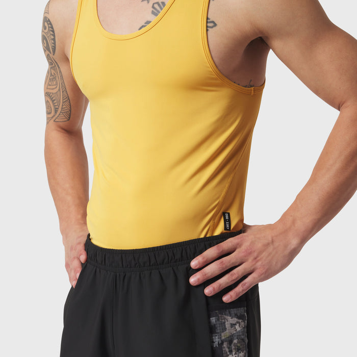 LYCRA® ADAPTIV baselayer tank in amber yellow, worn by model showing front and side view