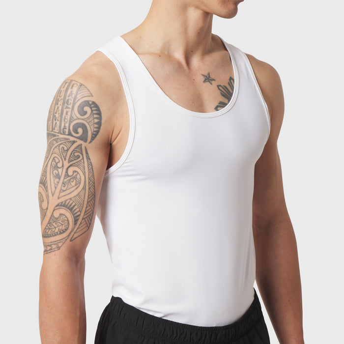 White LYCRA® ADAPTIV baselayer tank on model, front view