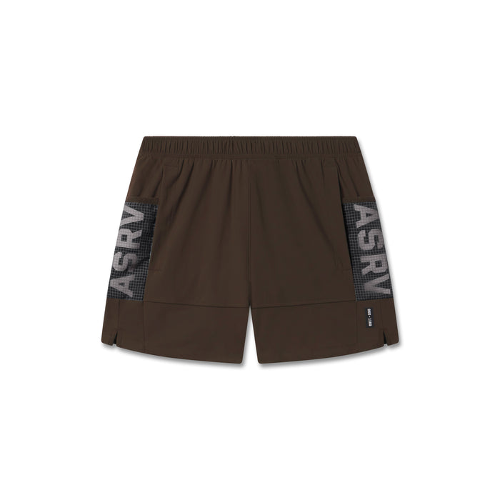 Flatlay of Tetra-Lite Adventure Short in dark earth brown with gray mesh side panels, shot from above