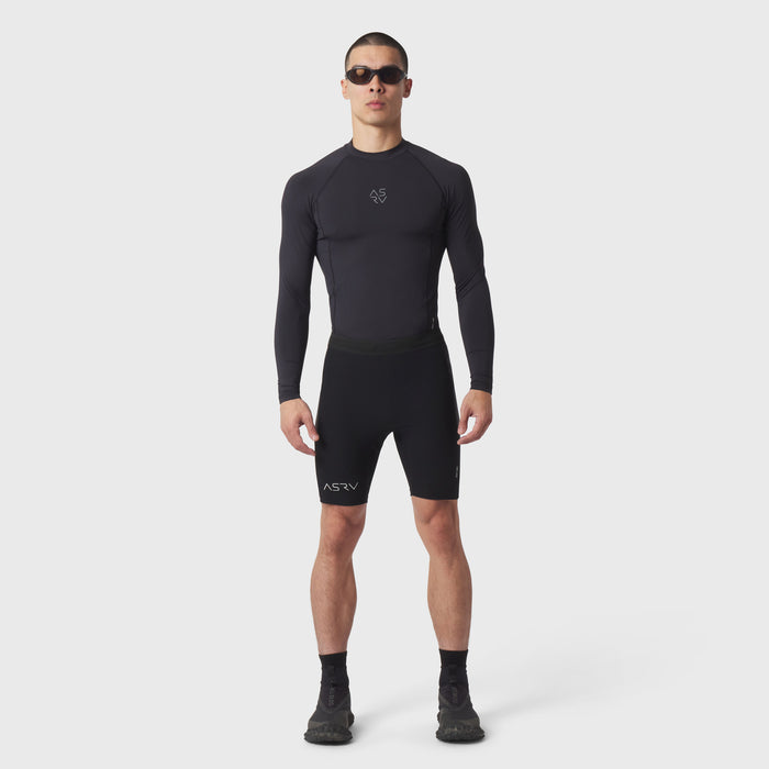 Black Lycra® Ribbed Run Half-Tight shorts on model, front view