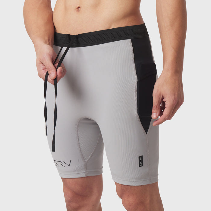 Lycra Ribbed Run Half-Tight in slate grey worn by model, side view