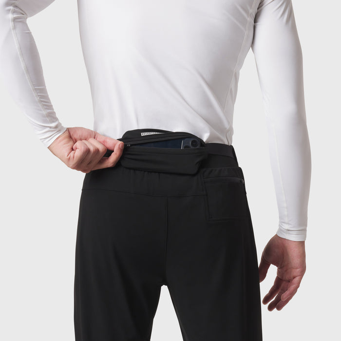 Black Hybrid Belt-Pack Run Jogger worn by model, showing integrated belt pack at waist