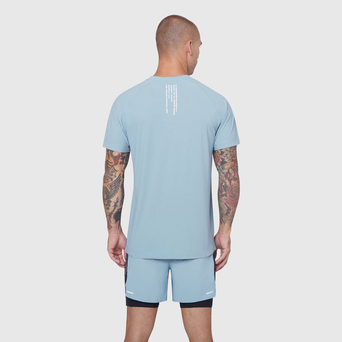 Light Sky Laser-Vent Training Tee worn by model, back view