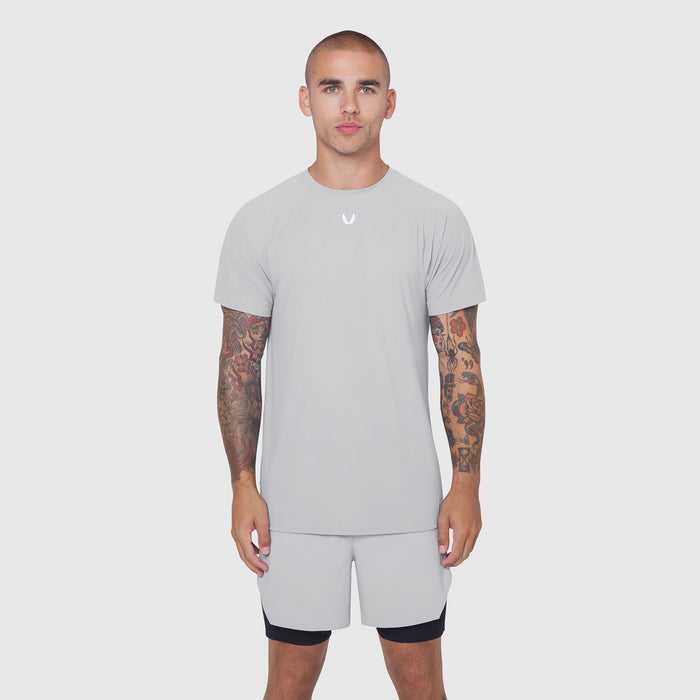 Laser-Vent Training Tee in slate grey worn by model, front view