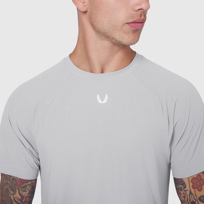 Laser-Vent Training Tee in slate grey worn by male model, front view