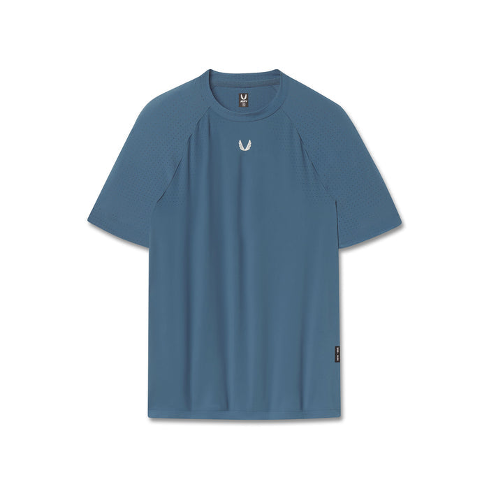 flatlay Laser-Vent Training Tee in storm blue, front view