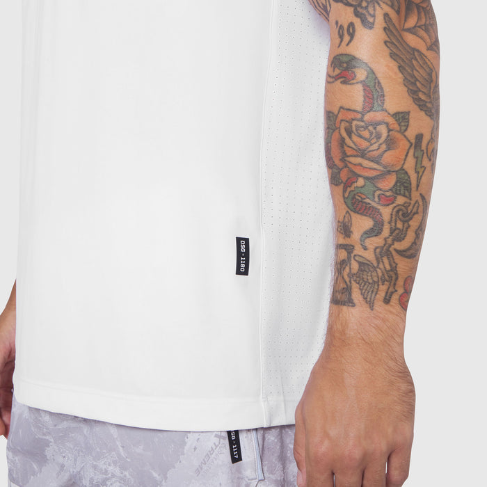 White Laser-Vent Training Tee worn by model showing side view, highlighting perforated fabric detail