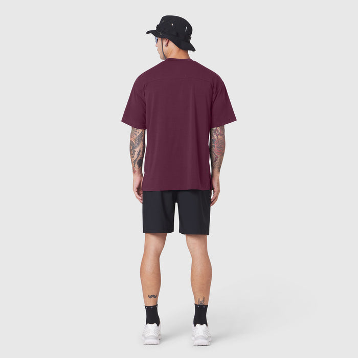 Supima Ice-Skin Reversible Tee in merlot, rear view on model wearing black shorts
