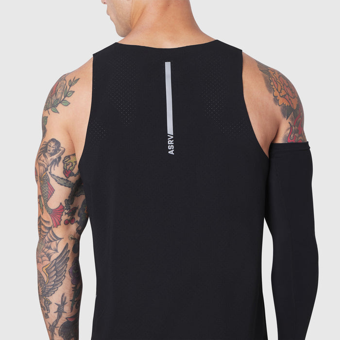 Aerotex Perforated Run Tank in black, rear view on model with tattoos