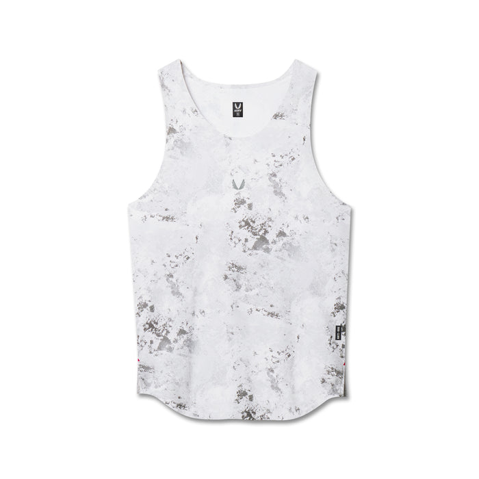 Flatlay of Aerotex Perforated Run Tank in Sedona Snow Camo white, front view