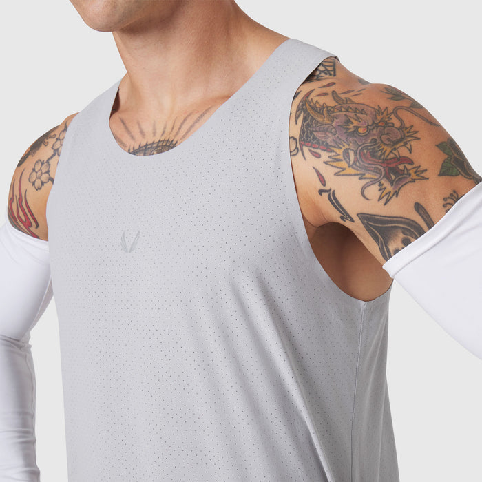 Aerotex Perforated Run Tank in slate grey, worn by model showing front view