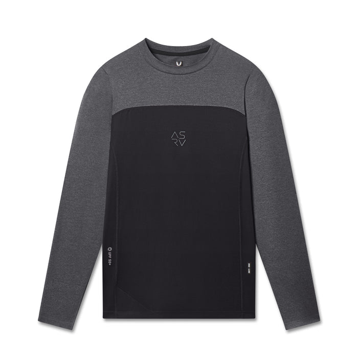 flatlay AEROSILVER® UPF50+ Run Long Sleeve in black and charcoal, front view