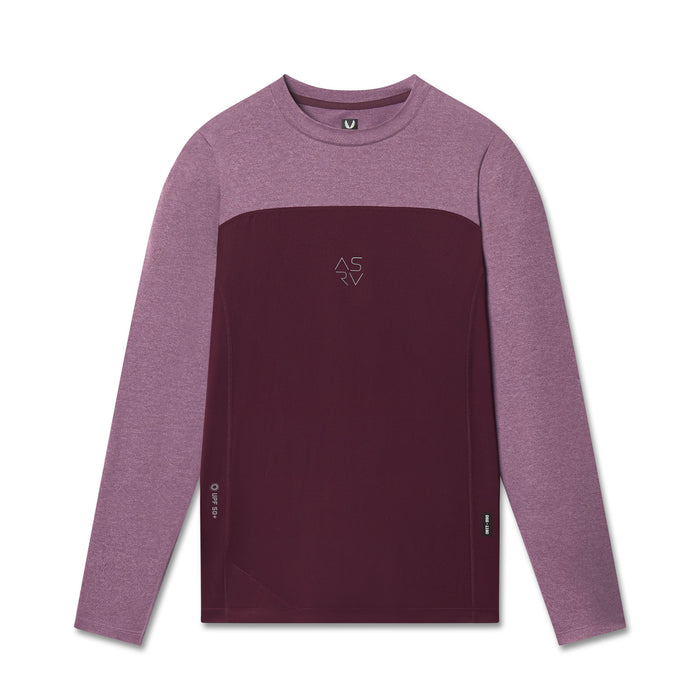 AEROSILVER® UPF50+ Run Long Sleeve in merlot and mauve, front view on model flatlay