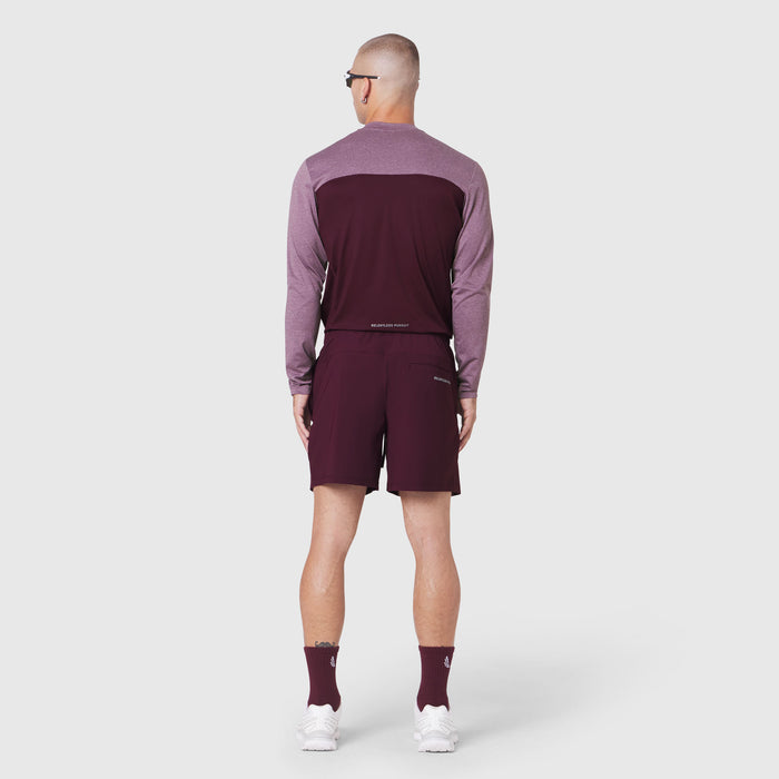 AEROSILVER® UPF50+ Run Long Sleeve in merlot with matching shorts, back view on model