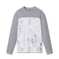 AEROSILVER® UPF50+ Run Long Sleeve in gray and white snow camo, front view on model flatlay